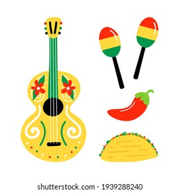 Set, Sammlung von traditionellen mexikanischen Speisen und Musikinstrumenten. Gitarre, Maracas, Taco und Chilischoten Vektorgrafik-Symbole, Illustration.