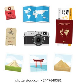 Set, collection travel and tourism. Travel time. Passport with ticket, folded world map, photos and camera. Vector illustration