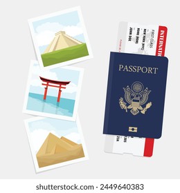 Set, collection travel and tourism. Travel time. Passport with ticket and photos. Vector illustration
