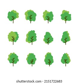 Set of collection tree icons. Flat set of tree vector icons on white background