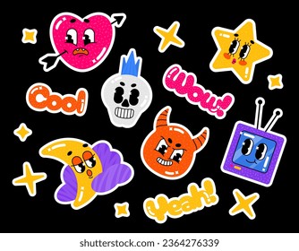 Set collection of trendy flat bright stickers. Cartoon characters in retro style. Pierced surprised heart, punk skull with mohawk, evil demon devil, old TV, star, sleepy moon. 
