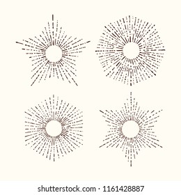 Set and collection of trendy hand drawn retro sunburst/bursting rays design elements.