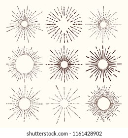 Set and collection of trendy hand drawn retro sunburst/bursting rays design elements.