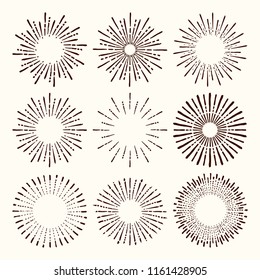 Set and collection of trendy hand drawn retro sunburst/bursting rays design elements.