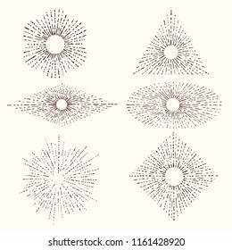 Set and collection of trendy hand drawn retro sunburst/bursting rays design elements.