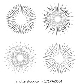 Set and collection of trendy hand drawn retro sunburst/bursting rays design elements.