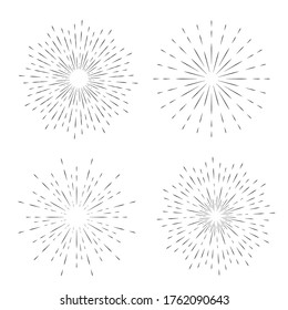 Set and collection of trendy hand drawn retro sunburst/bursting rays design elements.