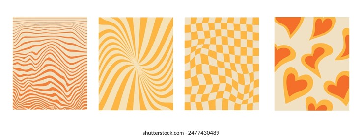 Set and collection of trendy twirl backgrounds in hippie and y2k style. Groovy swirl and retro psychedelic aesthetic pattern. twisted geometric lines. Distorted posters. Waves, hearts. Chess. Spiral