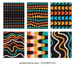 Set and collection trendy twirl backgrounds. Hippie and y2k. Groovy swirl and retro psychedelic aesthetic pattern. Doodle funky twisted geometric lines. Waves, shapes. Spiral elements. Simple textile.