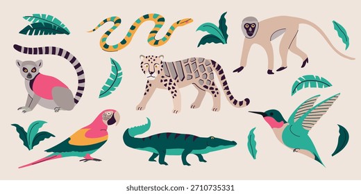 Conjunto de colección de animales tropicales icono Clipart ilustración aislada