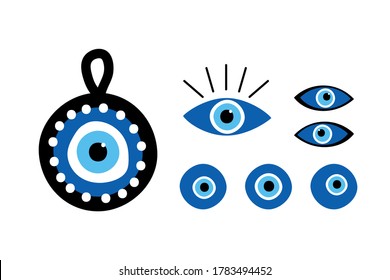 Set, collection of turkish blue eye-shaped amulets, nazar amulets, evil eye protection talismans.