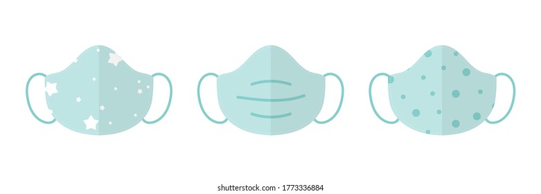 Set, collection of turquoise cloth masks, sheet masks for face with various ornaments.
