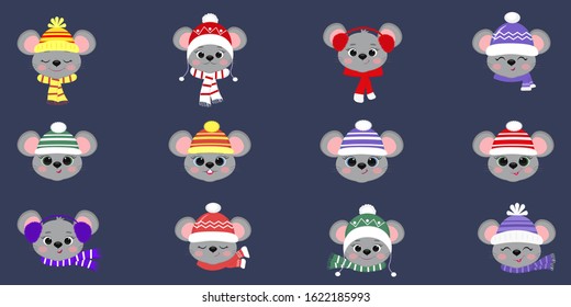 Set collection of twelve cute mouse rats in winter hat and scarf of different designs on a blue background. Year of the rat. Cartoon, flat style, vector.