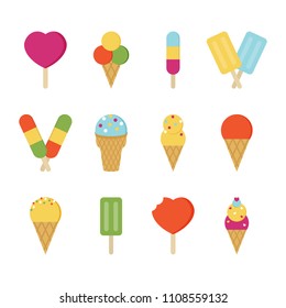 Set, collection of twelve vector ice cream icons. Cute colorful summer desserts.