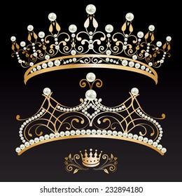 set collection of two beautiful luxury golden with pearls feminine tiaras and crown on black lighted background. vector illustration. 