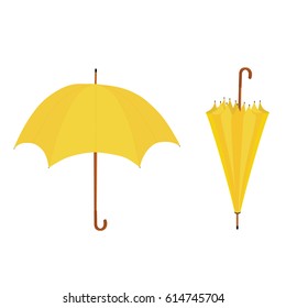 Set, collection of two yellow umbrellas opened and closed vector illustration. Umbrella rain, umbrella icon