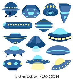 set or collection of ufo spaceships isolated on a white background. Vector flat illustrations