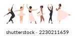 Set, collection of various Ballerinas in Poses of Ballet isolated on white. Cartoon Girl, Woman Classical Choreography dancer, pink tutu and Pointe shoes. Woman dancing ballet