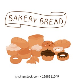 Set, collection of various bread. Bakery, confectionery. Bakery. Vector illustration Menu, banner, signboard, frame, emblem, advertisement, label,