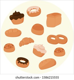 Set, collection of various bread, pastry. Bakery. Vector illustration. Menu, banner, signboard, frame, emblem, advertisement, label,