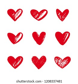 Set, collection of various brush, chalk, pastel drawn textured heart shapes, silhouettes. Valentines day many templates. Uneven, rough edge. Hand drawn, handwritten stylized vector design elements.