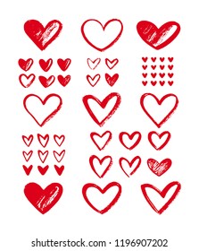 Set, collection of various brush drawn textured heart shapes, outlines for Valentines day card, poster, banner. Different hearts in many sizes. Uneven, rough, artistic edge. Hand drawn design elements