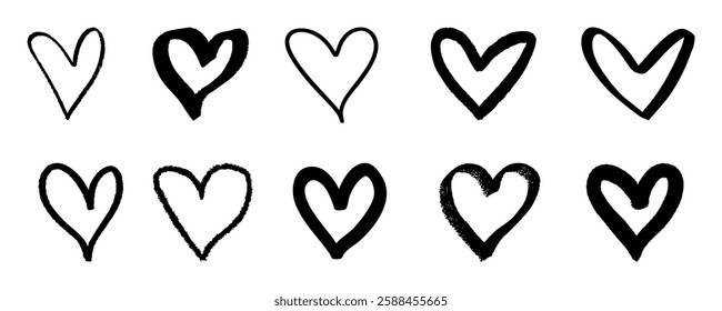Set of collection of various brush drawn heart shapes