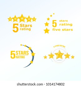 Set, collection of various design elements in the form of a rating. Rating and reviews with five stars, forms for ranking the interface, characters from zero to five stars. Vector illustration.