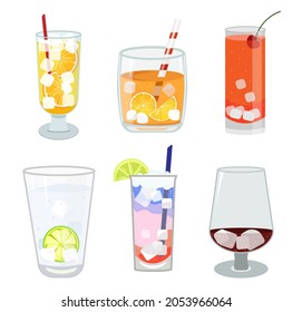 the set is a collection of various drinks in different glasses with a straw and ice