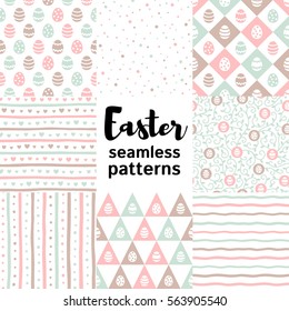 Set, collection of various Easter seamless vector patterns. Painted eggs, stripes, streaks, cute hearts, tendrils, dots, spots, doodle style wavy bars, simple geometrical shapes. Easter backgrounds.