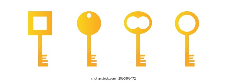 Set, collection of various golden keys isolated on white background.