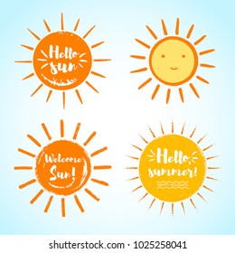 Set, collection of various hand drawn sun silhouettes, backgrounds. Hello summer lettering, smiley face. Round textured shapes, circles with solar rays. Typographic composition with holiday greeting.