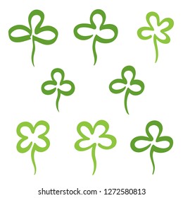 Set, collection of various hand drawn clover leaves. St. Patrick's day design elements, symbols, icons. Stylized simple marker drawn doodle style shamrock, trefoil, quatrefoil outline drawing.