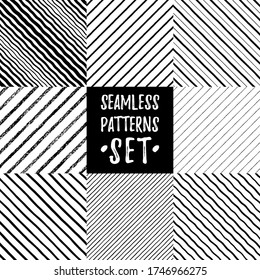 Set, collection of various hand drawn striped diagonal seamless patterns. Black and white chalk, brush, crayon endless textured uneven stripes, sloping streaks, pinstripes, doodle style lines, bars.