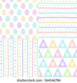 Set, collection of various multicolored Happy Easter seamless vector patterns. Painted eggs, stripes, streaks, cute hearts, dots, spots, doodle style bars, simple triangles. Easter backgrounds.