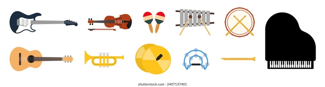 set collection of various musical instruments. guitar, violin, drums, piano