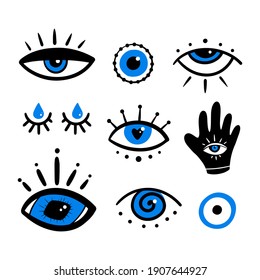 Set, collection of various mystical decorative eyes, evil eyes symbols. Intuition and spirituality concept.
