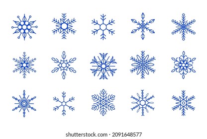 Set collection of various ornate snowflakes, blue geometric isolated symbols for prints, decoration, etc
