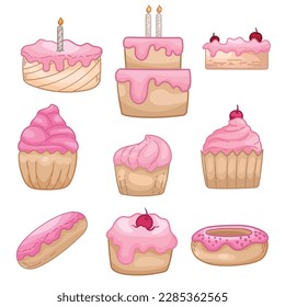 set of collection various pink cakes illustration, pink cakes clipart