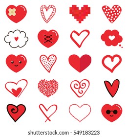 Set, collection of various red flat design and hand drawn hearts for valentine's day design isolated on white background.