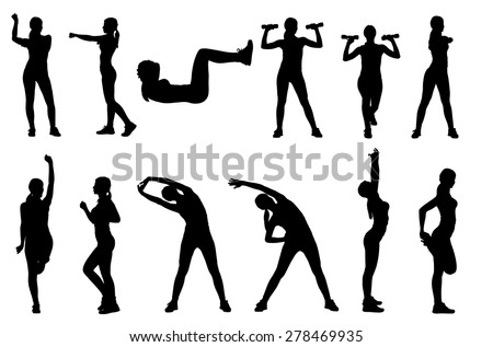 Set or collection of various woman sports exercising silhouettes. Easy editable layered vector illustration.