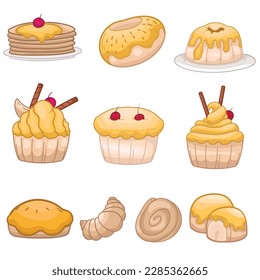 set of collection various yellow dessert illustration, yellow cakes clipart