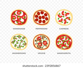 Set, collection of vector assorted whole pizza. Vector illustration of italian pizza