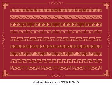 Set collection Vector border coil line pattern of symbol element oriental ornament design Traditional. The Chinese new year 2023 festival Asian style decoration frame template golden on red background