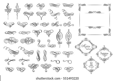 Conjunto coleção de elementos caligráficos vetoriais e decorações de página.Pode ser usado para decorar cartões, convites, criar papéis de parede, modelos, borda, decorar livros e letras. Ilustração vetorial.