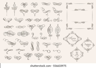 Set collection of vector calligraphic elements and page decorations.Can be used for decorate cards, invitations, create wallpapers, templates, border, decorate books and letters. Vector illustration.
