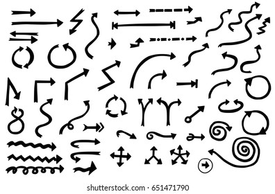 Set or collection of vector cartoon doodle hand drawn arrow symbols in black and white color