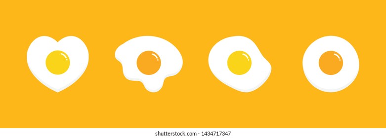 Set, collection of vector cartoon style fried eggs in different shapes for breakfast, food and menu design.
