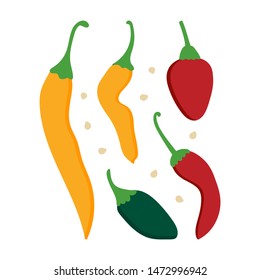 Set, collection of vector cartoon style red, yellow and green chili peppers and seeds.