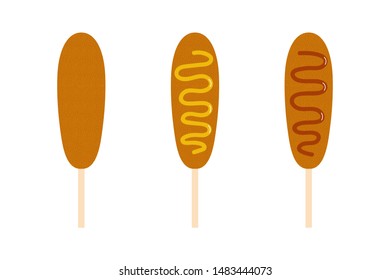 Set, collection of vector cartoon style corn dogs with mustard and ketchup, american fast food.